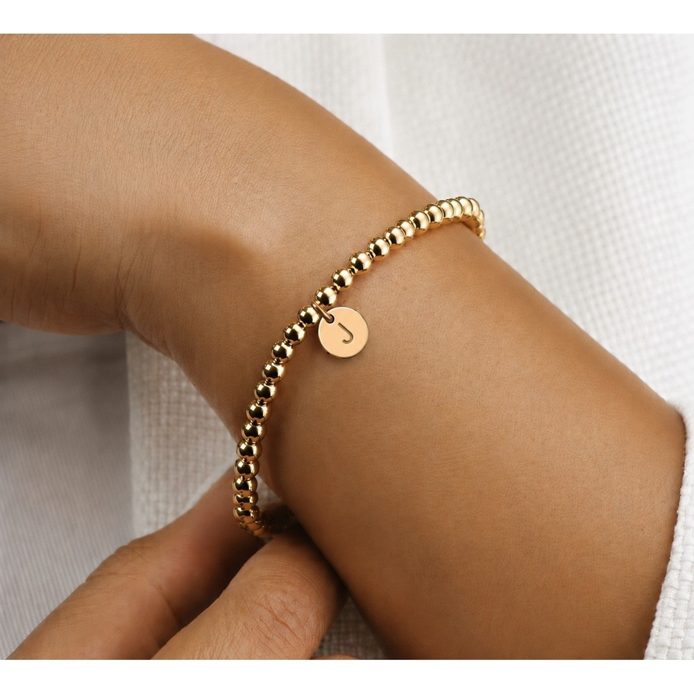 Gold Beaded Initial Bracelet Letter J Personalized‎ Stretch Charm Bracelet Women